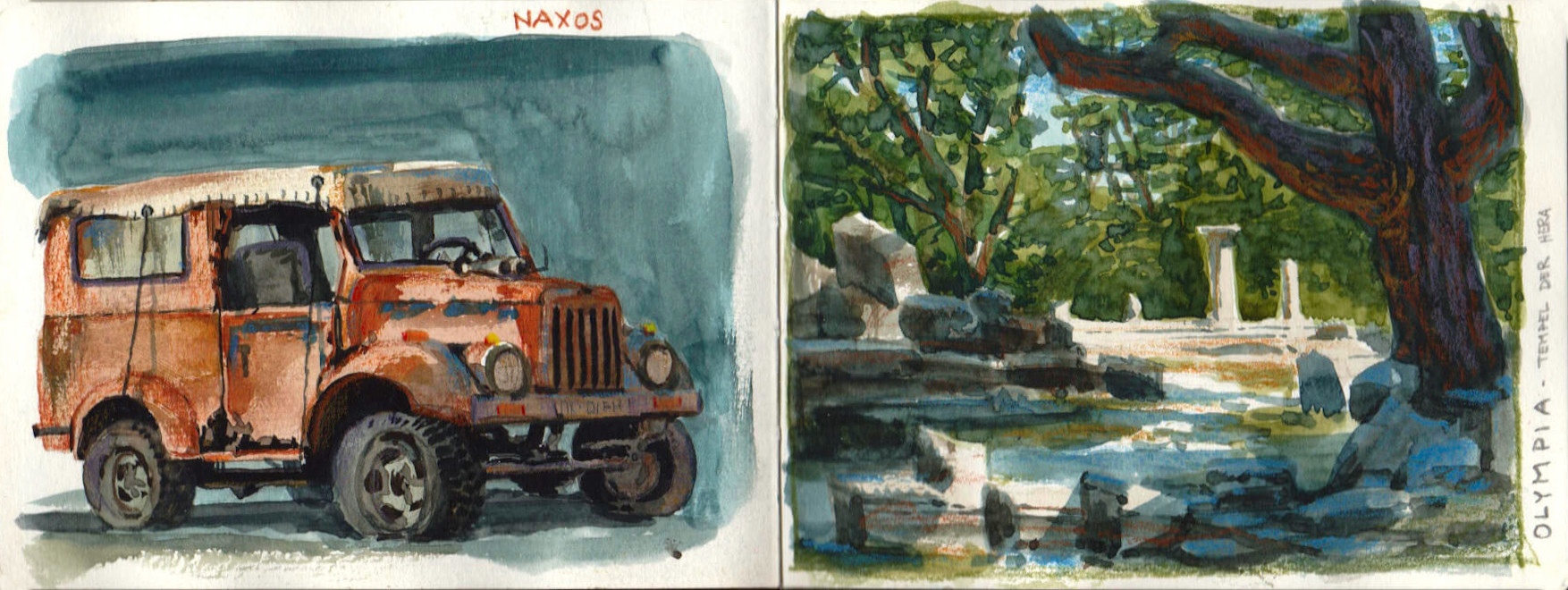 old jeep and ruins at Olympia